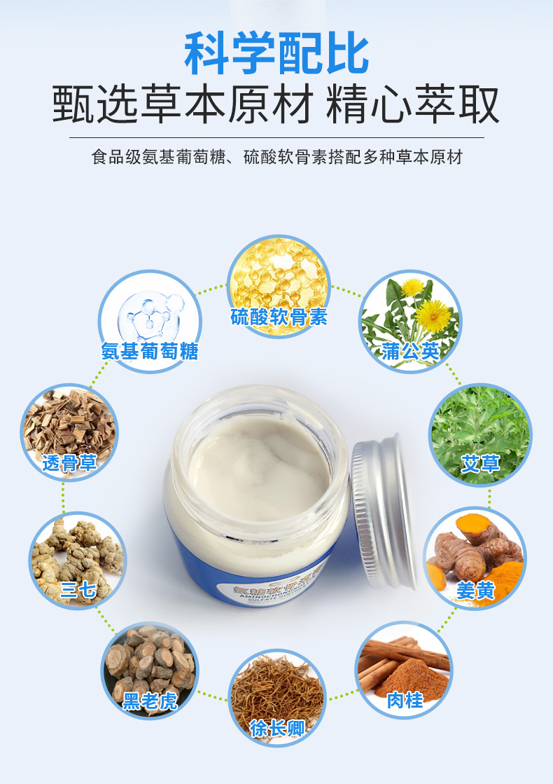 科學配比，甄選草本原材精心萃取，食品級氨基葡萄糖、硫酸軟骨素搭配多種草本原材